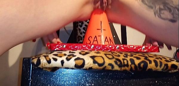  Pervert gothic slave girl fucks her ass fo satan with crucifix and traffic cone